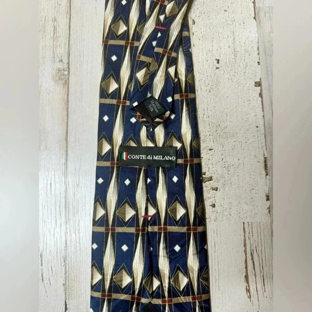 Conte di Milano Geometric 100% Silk Necktie Designer Tie Blue/gold - Picture 4 of 6